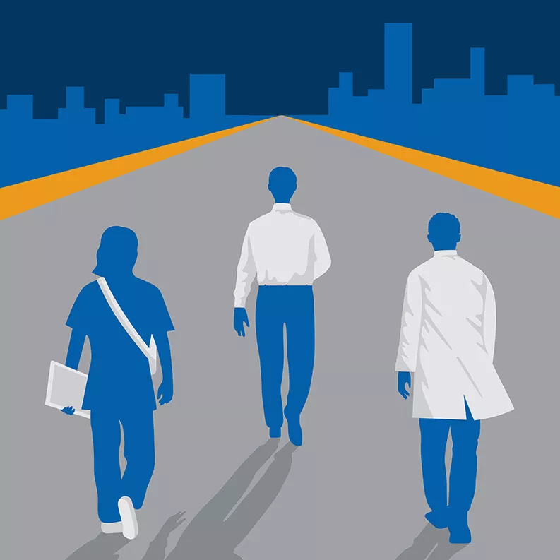 Three people walking on a path with a cityscape in the background. Three people walking on a path with a cityscape in the background.