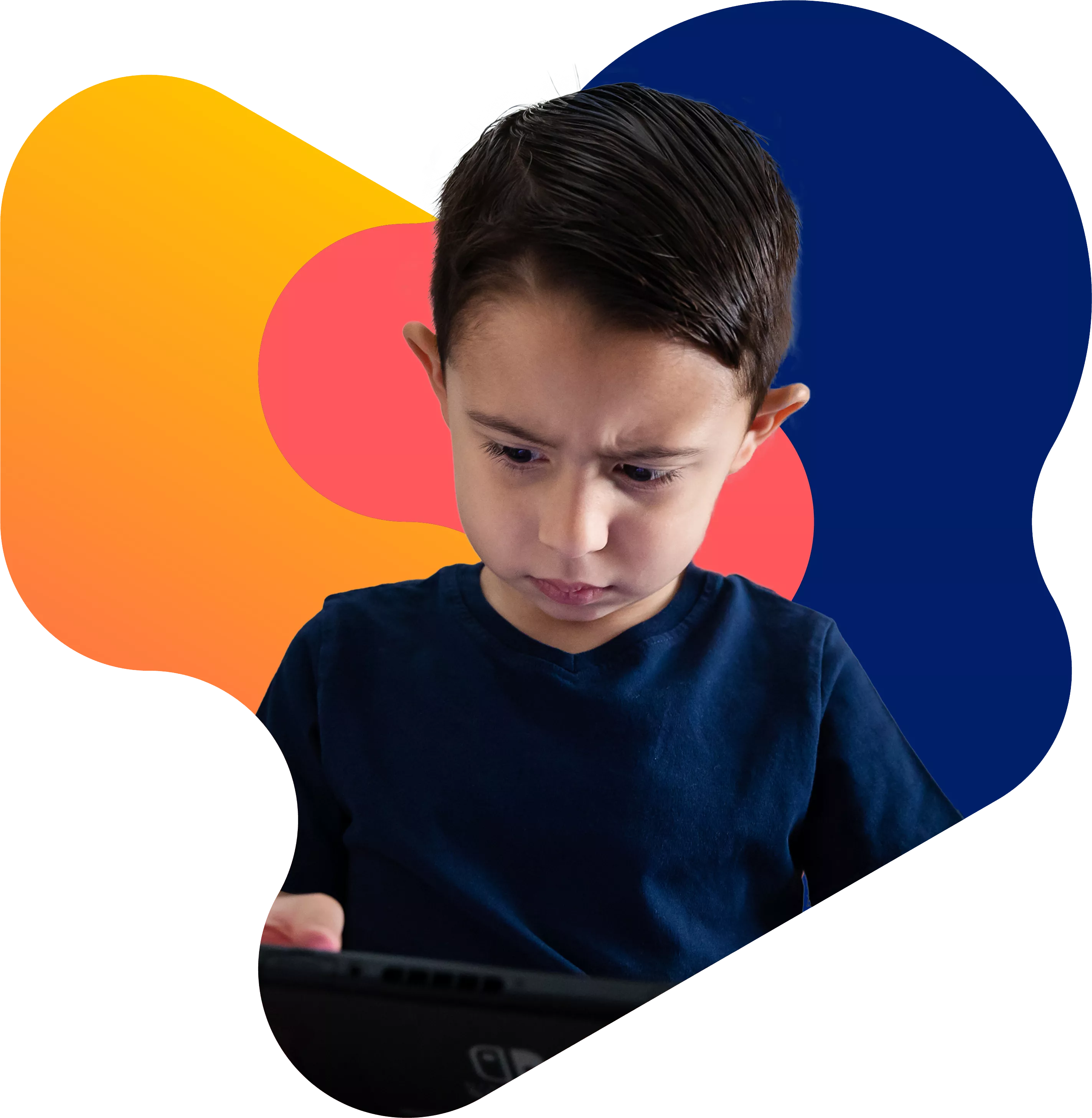 Boy playing video games sitting in a biomorphic shape Boy playing video games sitting in a biomorphic shape
