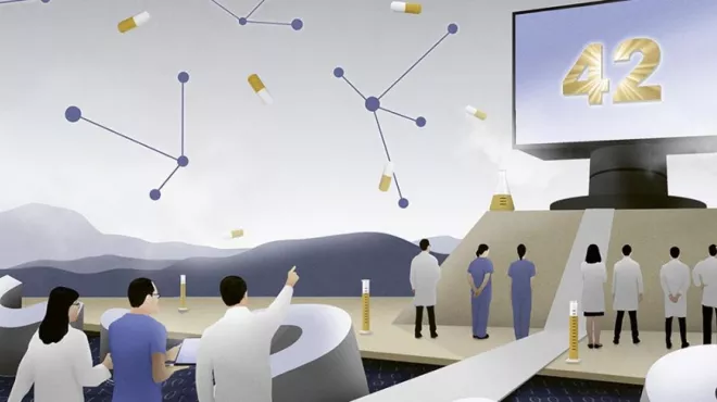 Color illustration showing several scientists in front of a large-scale computer highlighting the number 42