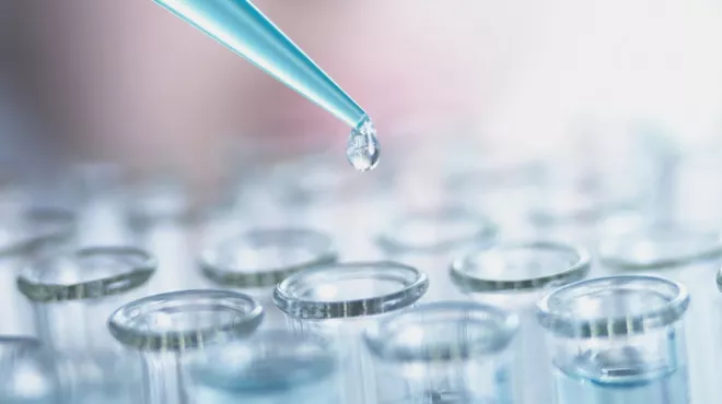 A scientist performs tests for cancer research with pipette and test tubes