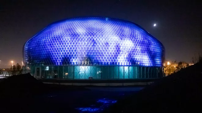 Illumination of zero-energy media facade of the Novartis Pavillon.