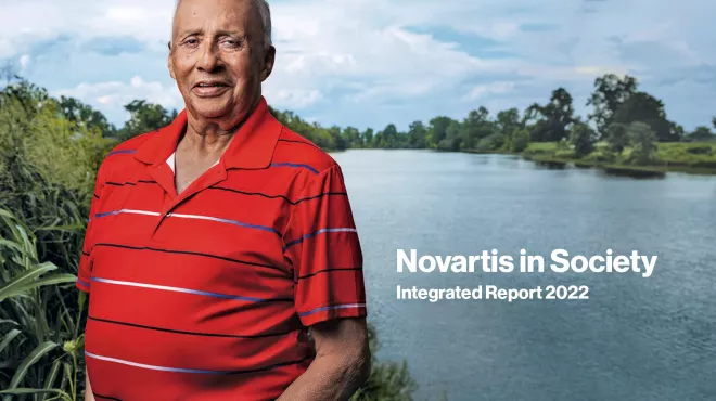 Front cover of the 2022 Novartis in Society Integrated Report, Van Lacour, prostate cancer patient living in Natchez, Louisiana, who received a Novartis radioligand therapy