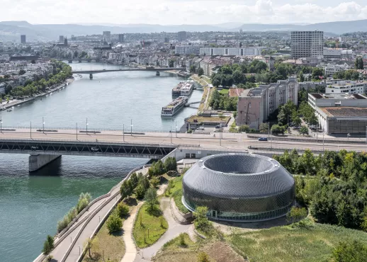 View of the Novartis Pavillon towards Dreirosenbrücke and city center