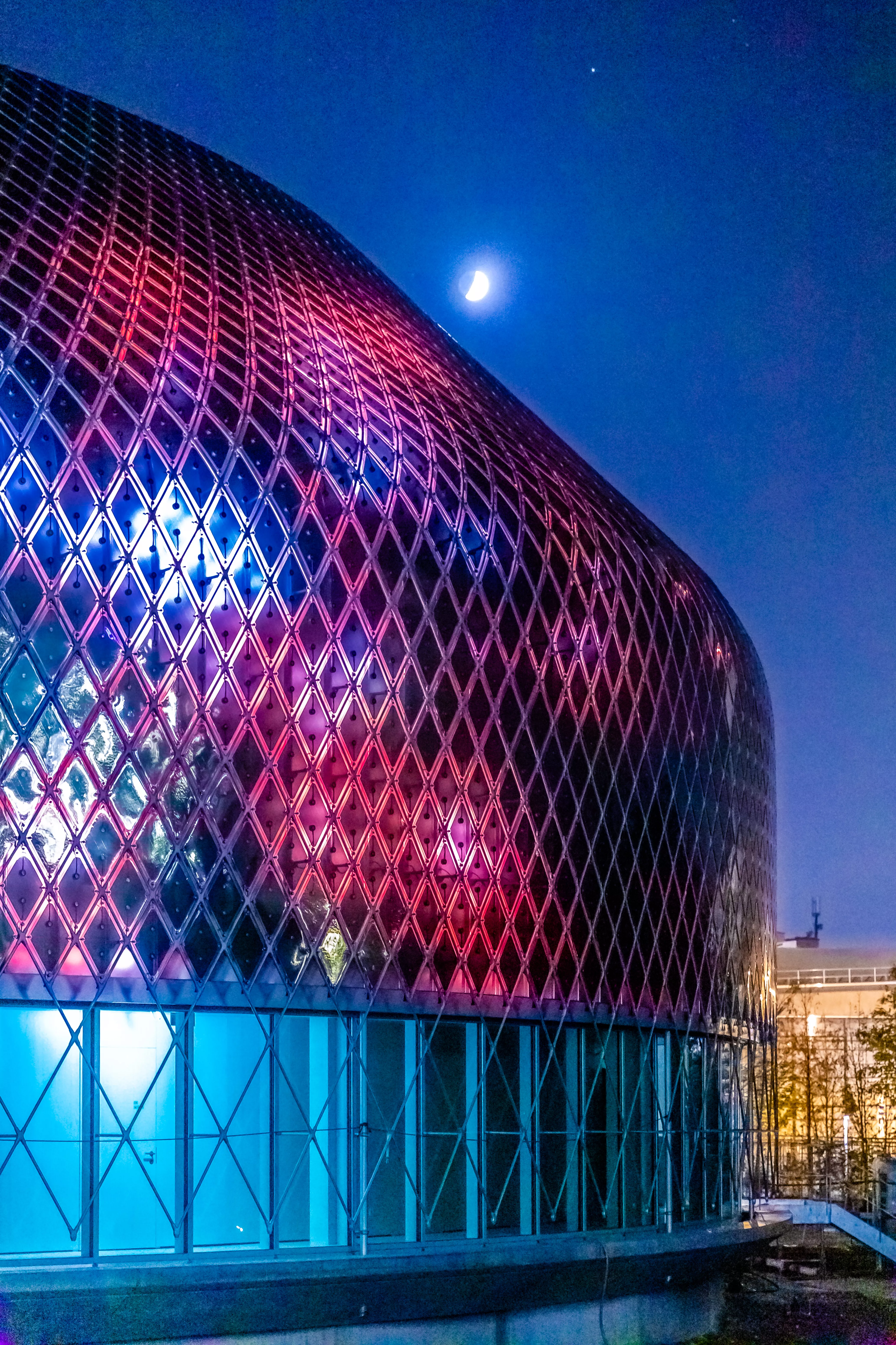Illumination of zero-energy media facade of the Novartis Pavillon. Illumination of zero-energy media facade of the Novartis Pavillon.