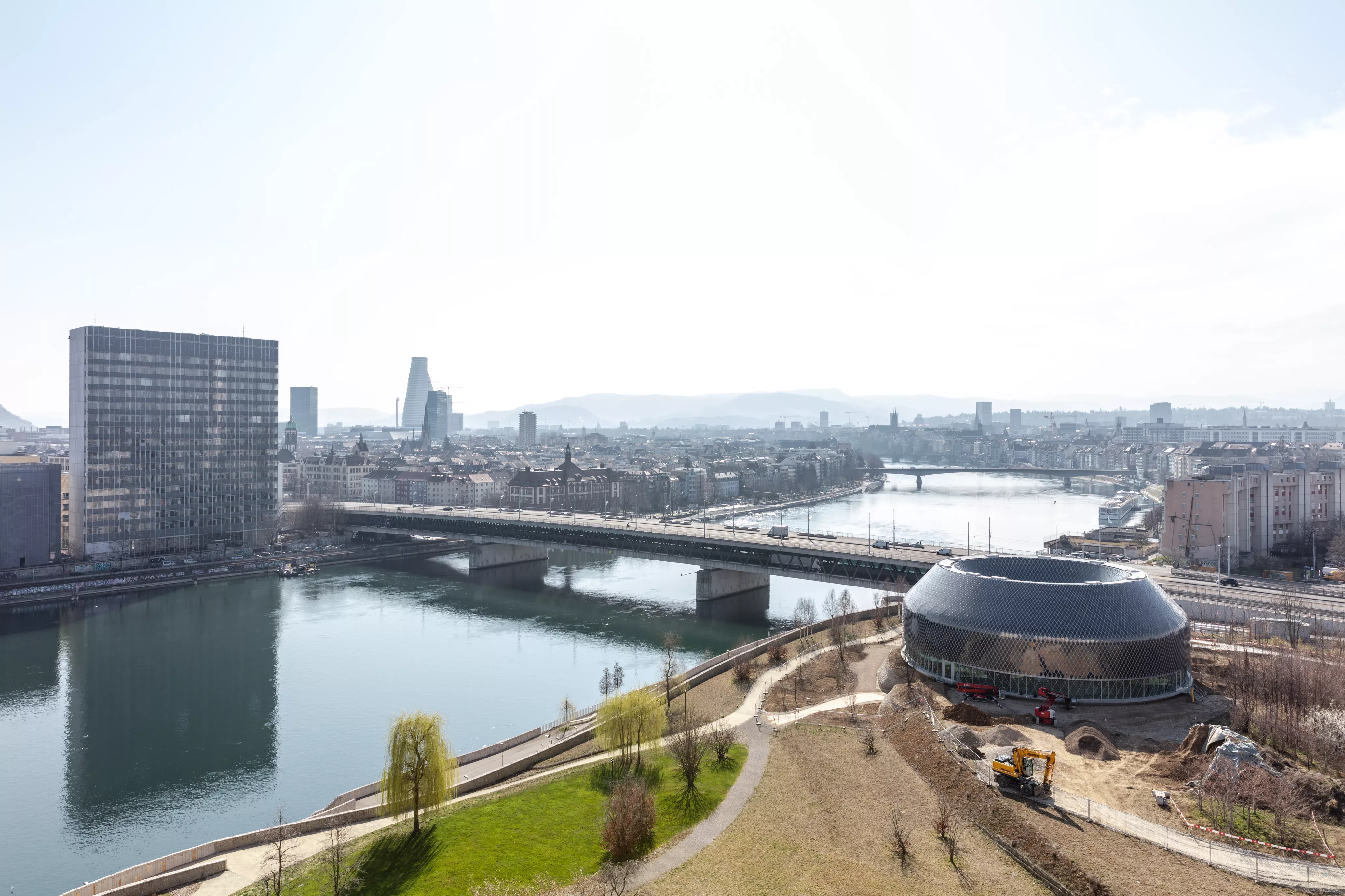 View from Novartis Campus towards Novartis Pavillon and Basel alongside Rhine River View from Novartis Campus towards Novartis Pavillon and Basel alongside Rhine River